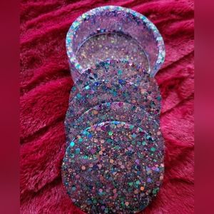 Handmade Epoxy Resin Coaster Set and Holder Round Colorful Sparkling